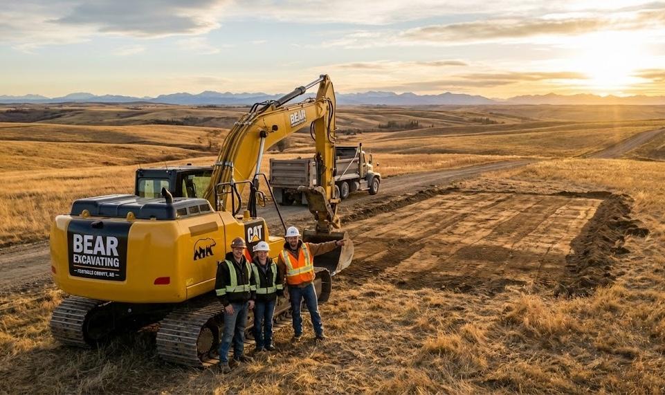 Bear Excavating team working together on an excavation project in Southern Alberta, showcasing our family-owned business and professional equipment