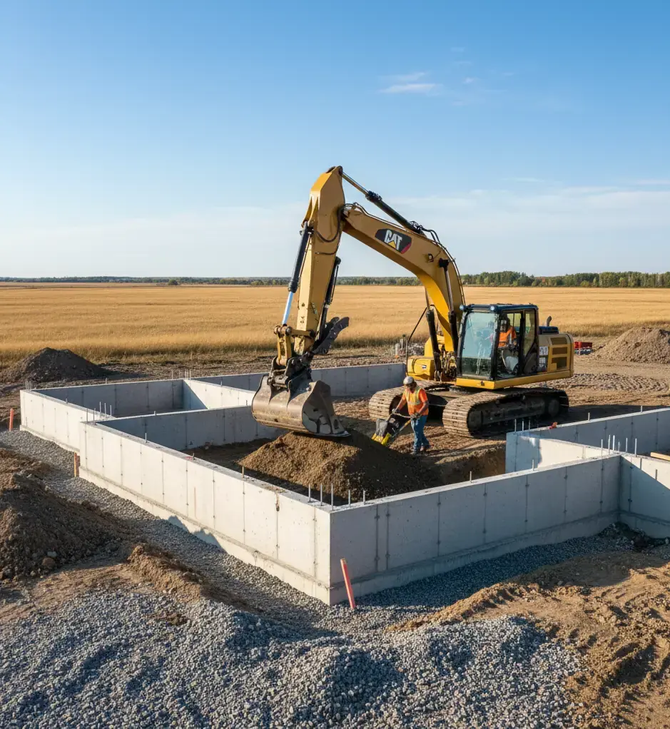 Professional backfilling and compaction services - Bear Excavating completing foundation backfill in Okotoks