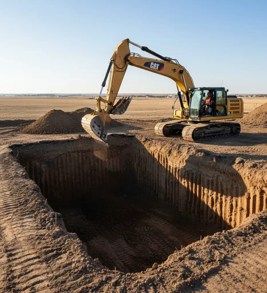 Professional excavation services in Okotoks - Bear Excavating heavy equipment digging basement foundation in Southern Alberta