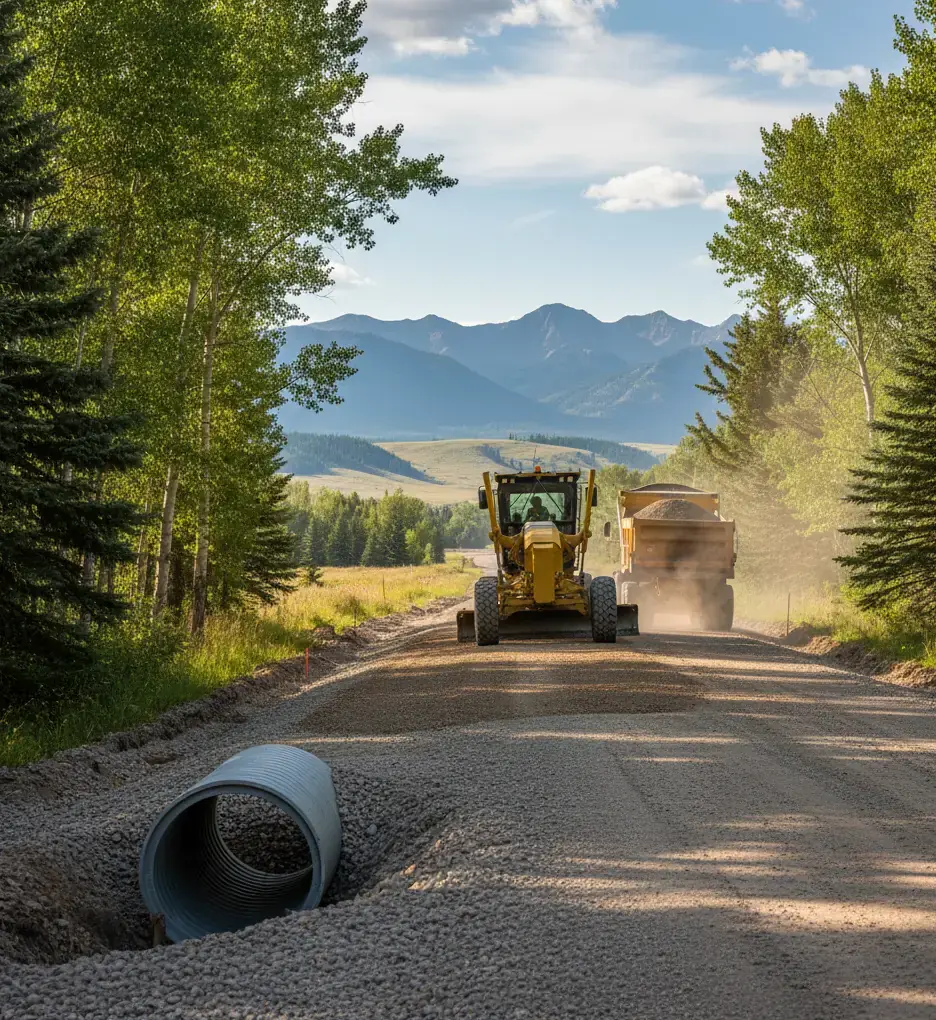 Private road and driveway construction - Bear Excavating building gravel road on rural property in Okotoks area
