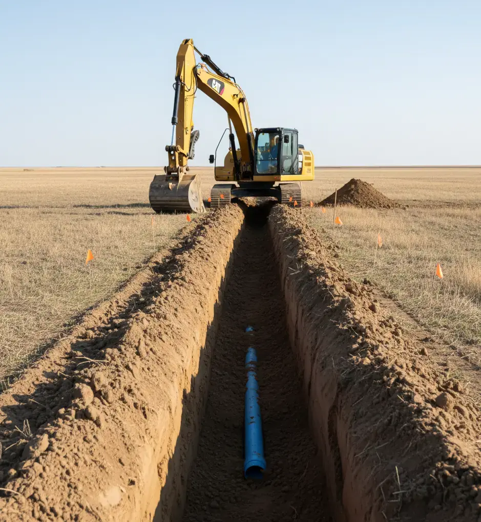 Utility trenching services for water, gas, and electrical lines - Bear Excavating precision trenching in Southern Alberta